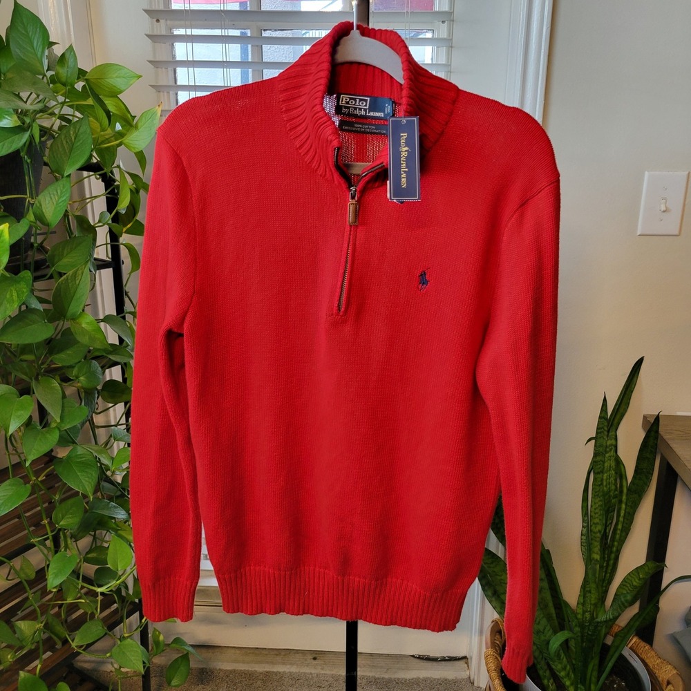 VTG Polo Ralph Lauren Mens Red 100% Cotton 1/4 Zip Sweater Small NWT DEADSTOCK